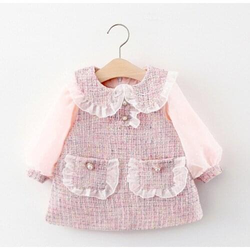 Princess Dress Newborn Baby Girl Long Puff Sleeve Lace Peter Pan Collar Pocket A-line Dress Autumn Spring Clothing 1-4Y