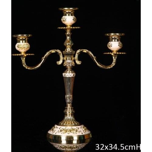 European Accents Embossed Rose Flower Design Gold Plating with White Hand Painted 3 pieces Zinc Alloy Stick Candle Holders