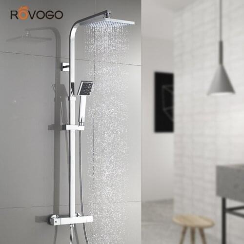 ROVOGO Bathroom Thermostatic Shower Faucet with Hand Shower Head Brass Chrome, Bath Shower Mixer Set Rain shower Bathtub Crane