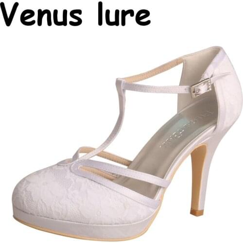 Wholesale Shoes White Wedding T-strap High Heeled Bridal Lace Shoes