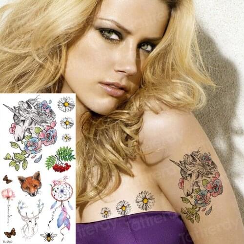 Temporary tattoo sticker unicorn horse flower water transfer tattoo for women girls tattoo body stickers dream catcher fashion