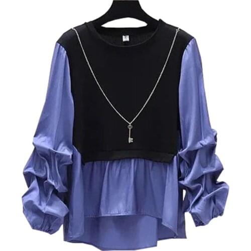 Summer Plus Size Womens Shirt Korean Solid Color long Puff sleeve sleeve Blouse Elegant Ruffle Collar New Fake Two-Piece Tops