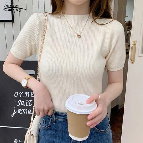 Knitted Solid O-neck Slim Blouse Sweet Summer Spring Women Fashion Short Sleeve Tops Casual Office Lady Sweater T-shirts 15887