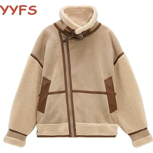 Winter Womens Patchwork Suede Lambswool Biker Jackets Thick Warm Vintage Coat Chic Loose Faux Leather Outwear Female Overcoat