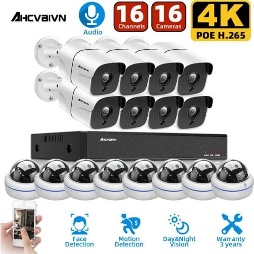 AHCVBIVN 16CH NVR 8/16Pcs 4K 8MP Bullet Dome POE IP Camera NVR Kit Security Audio Record Night Vision 30m Onvif H.265 P2P View