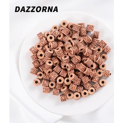 50Pcs Flower Pattern Acrylic Wooden Beads Cute Wood Color Long Tube Big Holes Spacer Beads For DIY Bracelet Crafts Accessories