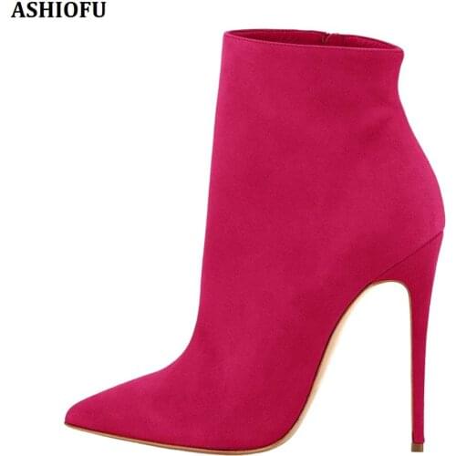 ASHIOFU Handmade New Sweet Ladies High Heel Boots Suede Leather Party Prom Booties Pointed Toe Evening Fashion Short Boots Shoes