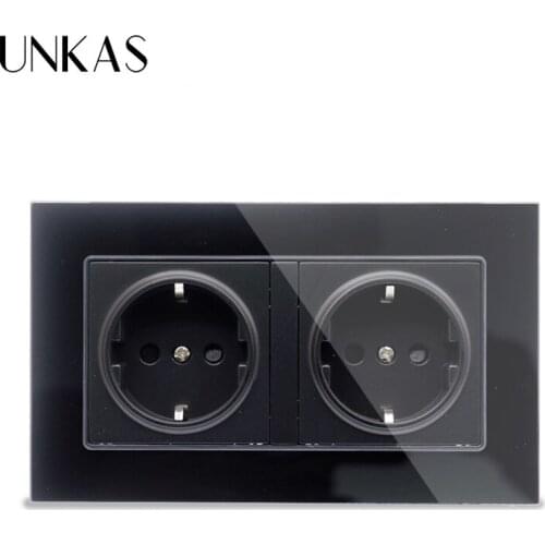 UNKAS White Luxury Glass Panel Wall Power Dual Socket Plug Grounded 16A EU Standard Electrical Double Outlet 146mm * 86mm