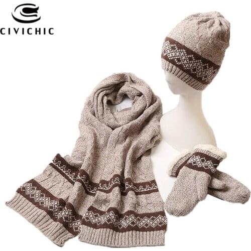 CIVICHIC Men Women Lovers Couple Stylish Autumn Winter Warm Knit Gloves Hat Scarf 3 Piece Set Crochet Headwear Thick Shawl SH132