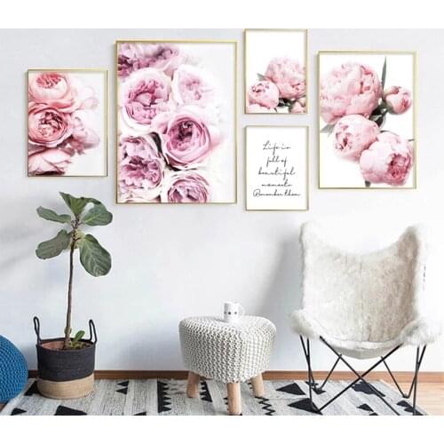 Pink Peony Canvas Painting Nordic Poster Print Positive Life Text Quote Flower Decoration Picture Modern Living Room Decor
