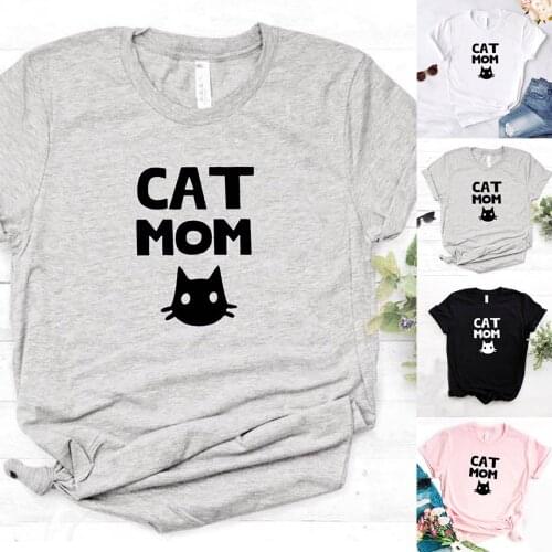 Cat mom womens fashion solid color short sleeve T-shirt womens loose casual large short sleeve round neck T-shirt womens top