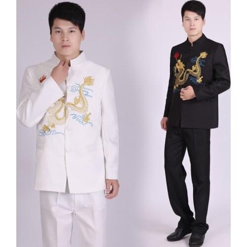 Suits Men 2019 Embroidered Dragon Stand Collar Suits Chinese Style Male Stage Singer Costume Homme Mens Suits With Pants SL1600