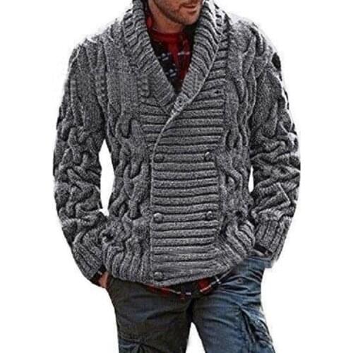 Mens Knitted Thick Shawl Collar Double Breasted Cable Knitwear Cardigan Solid Color Long Sleeve Sweater Coat Male Warm Clothes