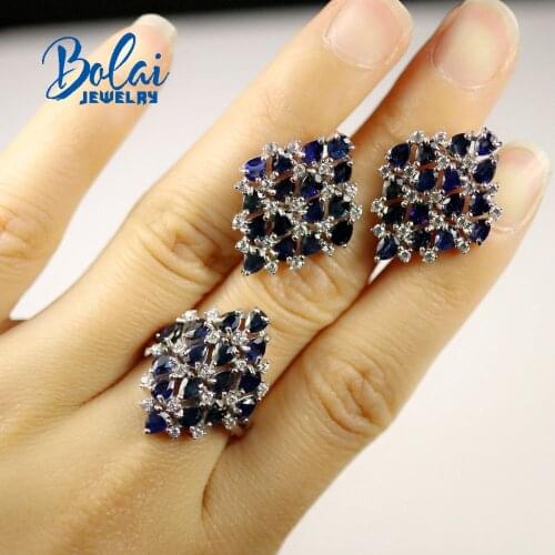 Bolai,925 sterling silver natural sapphire earrings ring set, suitable for anniversary, party wear light luxury womens jewelry
