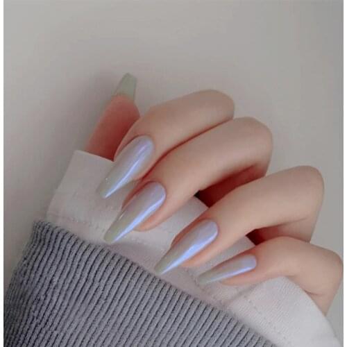 24pcs/set Coffin Shaped Fake Nails Aurora White Purple Fashion Finished Ballerina Full Nail Art Tip Nail Decal Press On Nails