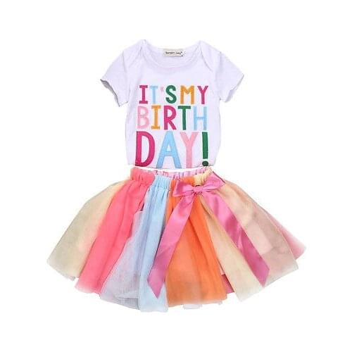 New Baby Kids Girls Summer colorful letters Tops Shirt+rainbow Skirt 2-piece Outfits Set For 1-6Y
