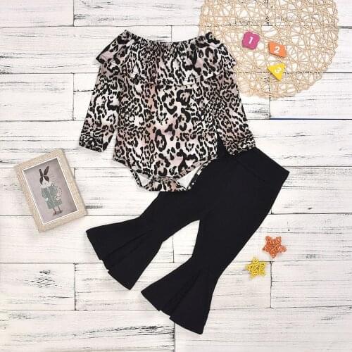 6M-4T Toddler Baby Girl Clothes Set Leopard Print Long Sleeve Spring Ruffle Romper + Black Flares Pants Girl Outfit 4T