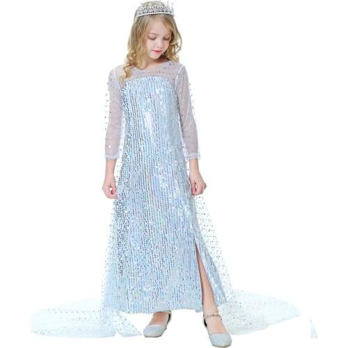 Girls Sequins Dress Fancy Elsa Costume Girl Snow Queen Halloween Birthday Party Clothes with Long Cloak Train