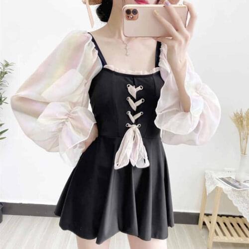 2021 Popular Summer Outdoor Sports Fashion Lantern Long-Sleeved Dress Sexy Low-Cut Cross Strap Bow Halter Swimsuit Hot Spring