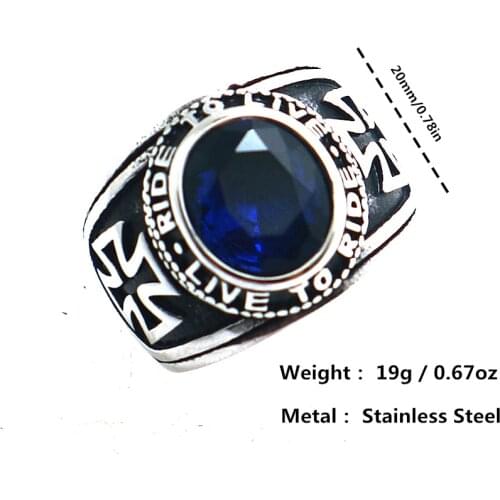 Size 7 To Size 15 Biker Style Unisex 316L Stainless Steel Cool Ride To Live, Live To Ride Blue Stone Cross Ring