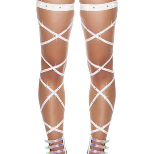 Sexy Ladies Bandage Fishnet Stockings Thigh-High Crystal Studded Thigh High Leg Rave Wraps Strappy Rhinestone Tights