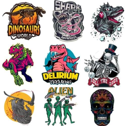 Punk Iron On Transfer For Clothing Skul Thermals Stickers Dinosaur Heat Transfer For Clothes Applique Thermo Sticker On Clothes