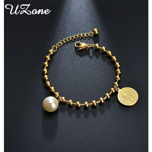 UZone Stainless Steel Jesus Imitation Pearls Bracelet Beads Adjustable Chain For Women Christian