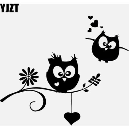 YJZT 13.9CM*11.8CM Lovely Owls Birds Branch Heart Vinyl Black/Silver Car Sticker C22-0955