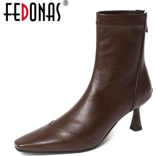 FEDONAS 2021 Female Autumn Winter Women Ankle Boots Mature Elegant Office Ladies Genuine Leather Splicing Thin Heels Shoes Woman
