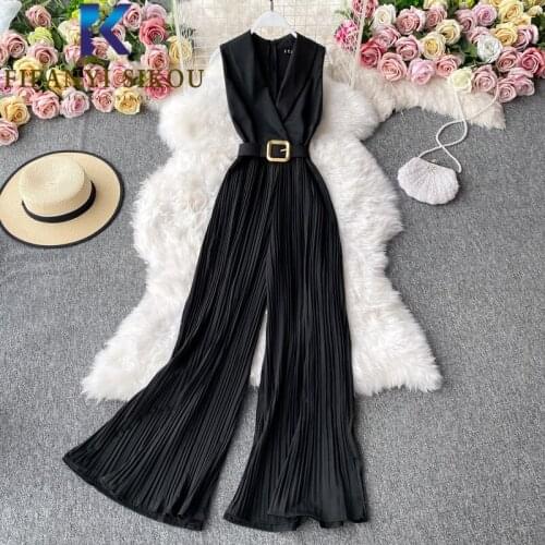 2021 Summer Women Sleeveless Jumpsuits Fashion Lapel High Waist Rompers Loose Pleated Wide leg Pants Ladies Elegant Jumpsuit