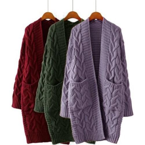 Women Cardigan Knitted Coat Long Sleeve With Pocket Long Pull Femme Solid Crochet Knitting Autumn Winter Fashion Sweater