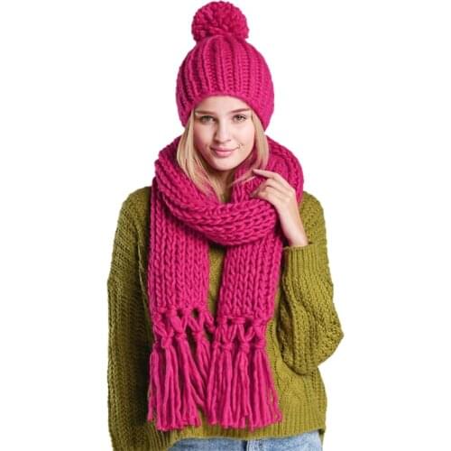 Women Winter 2Pcs Solid Color Cable Knit Pompom Beanie Hat Tassel Long Scarf Set