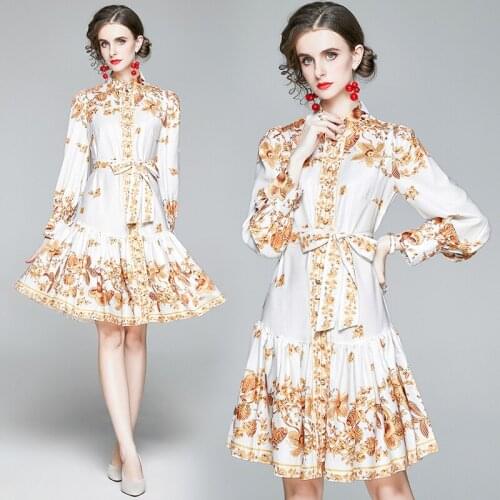 Summer Fall Runway Vintage Floral Print Mock Neck Bow Long Sleeve Empire Waist Women Ladies Casual Party A-Line Midi Shirt Dress