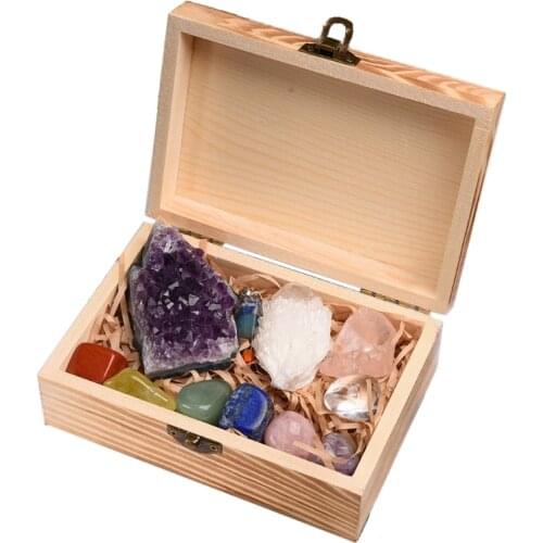 11Pcs Crystals and Healing Stones Kit With Wood Box 7 Raw Chakra Pendulum Natural Gemstones Kit