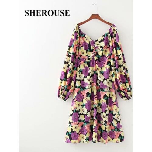 2021 Women Vintage Floral Printed Dress V-neck Elastic Shoulder Chic Lady Casual Midi Boho Dresses Woman Robe