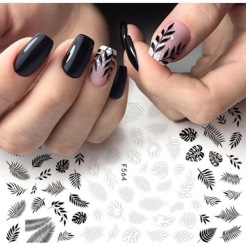 1pc Nail Foil Slider 3D Sticker Black White Plant Leaf Flowers Decals For Manicure Wrap Flake Nail Art Accessories LAF564-573