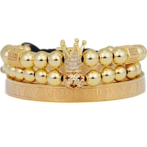 3pcs/Set Luxury Crown Ball Charms Roman Number bracelets & bangles Stainless Steel Braid Macrame Men Bracelet for Men Jewelry