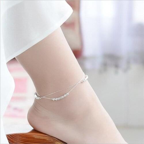 Top Quality Silver 925 Anklets For Women Jewelry Trendy Cube Ball Design Girls Double Layer Bracelet Accessories Silver Female