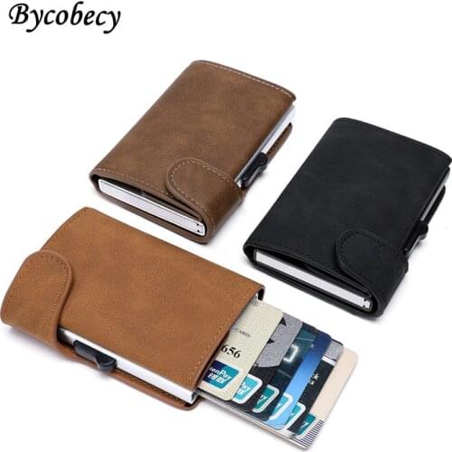 Bycobecy 2021 Men Women Wallet Credit Card Holder Rfid Aluminium Purse Crazy Horse Pu Leather Business Cardholder Bank Case