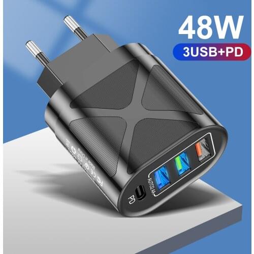 Quick Charge QC3.0 2.4A Type C PD Fast Charger 4-Port 48W USB C Fast Charging Travel Wall For iPhone 11 iPhone 12 Pro Max Xiaomi