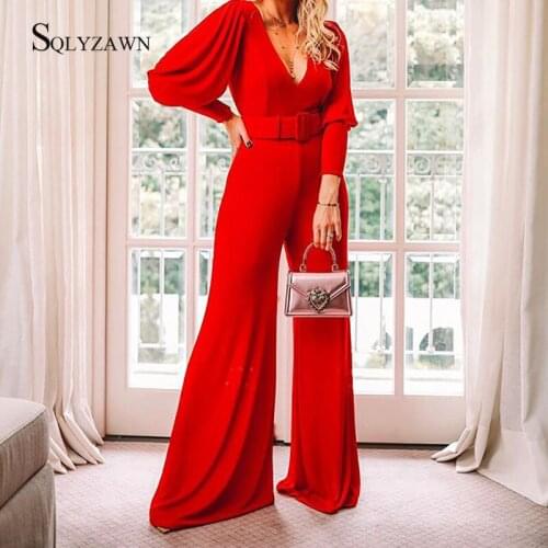 Elegant Solid Wide Leg Pants Jumpsuit Women Sexy Deep V Neck Long Lantern Sleeve Ruched with Belts Party Romper Club Outfits
