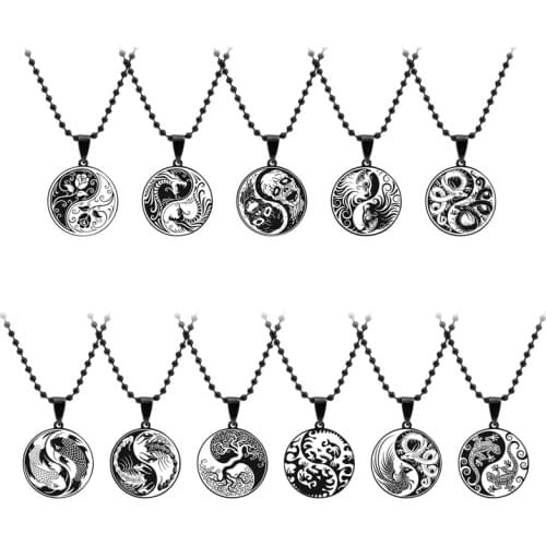 Yin Yang Double Dragon Flower Dragon Phoenix Bagua Stainless Steel Black Round Necklace Solomon Wicca Jewelry