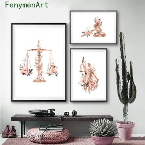 Pink Flowers Golden Balance Canvas Paintings Law and Women Wall Pictures Room Home Decor Female Judge Lawyer Posters and Prints