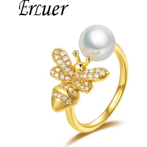 ERLUER rings for women Adjustable crystal bee jewelry Girl Rose gold imitation pearl zircon ring fasion jewellery accessories