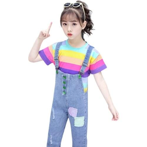 New Fashion Kids Jumpsuit Suit Rainbow Top+Denim Dungarees Jumpsuit Jumper Overalls Pants for Children Patches Jeans Clothes Set