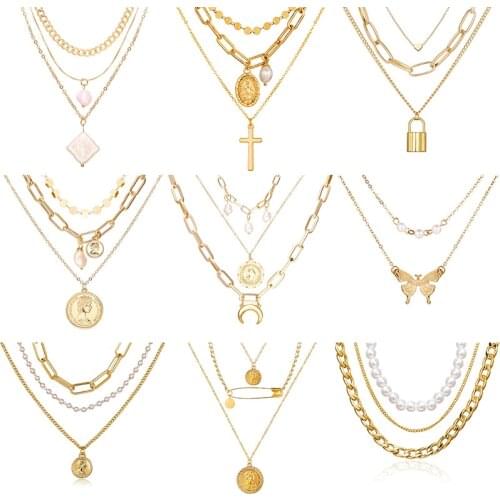 KSRA Vintage Gold Portrait Coin Pearl Butterfly Necklace For Women Fashion Bohemia Thick Chain Choker Necklaces Jewelry 2020 New