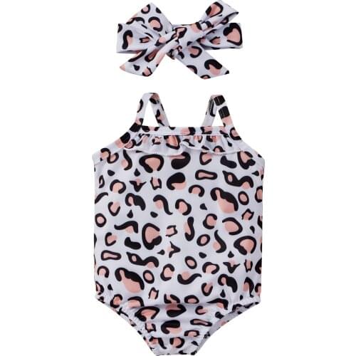 Baby Girl Swimsuit Suit Leopard Print Falbala Slim Elastic Sling One-piece Swimwear With Bow Headband