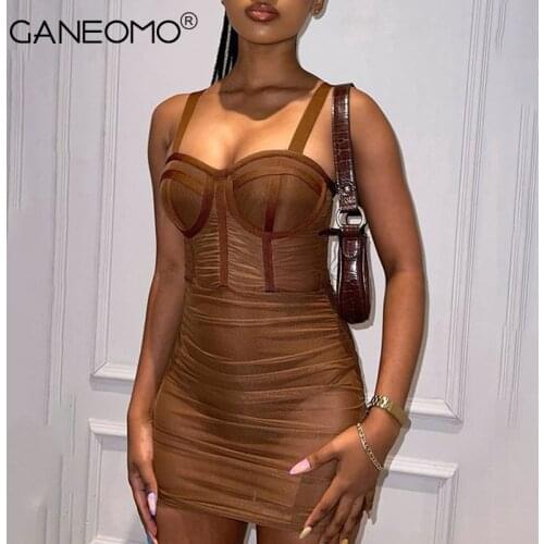 Summer Sexy Tulle Bandage Slip Dresses for Women Party Drawstring Elegant Halter See Through Ruched Bodycon Backless Mini Dress