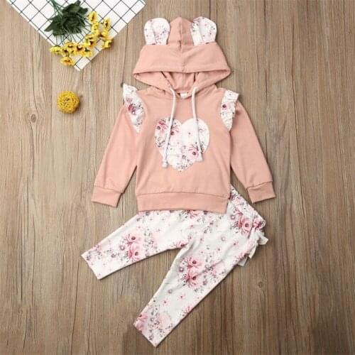 2021 Brand New Baby Girl Newborn Hooded Floral Tops Sweatshirt Ruffle Pants Outfit Clothes Tracksuits 0-24M