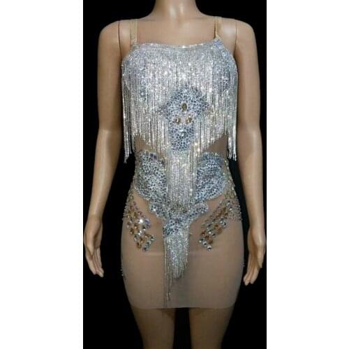 New Luxury Crystals Mesh See Through Strap Short Dress Women Rhinestones Fringe Birthday Party Dresses Sexy Nightclub Bar Outfit